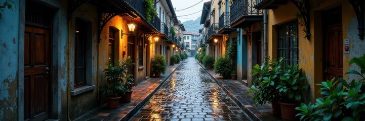 Rain-soaked cobblestone street in a neglected neighborhood, dripping rain, weathered signs