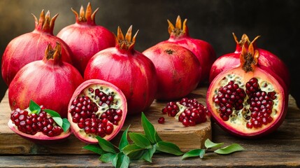 Fresh pomegranates are arranged on a rustic wooden table, some sliced open to reveal juicy ruby-red seeds. Natural light highlights their rich colors and textures, along with scattered green leaves