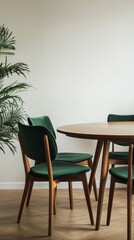 Fototapeta premium Sophisticated dining setup featuring wooden table and green chairs, complemented by indoor plant for a modern, serene ambiance.