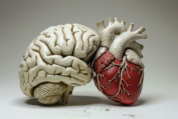 Anatomical models of human brain and heart touching each other symbolizing logic and emotion