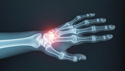 An x-ray image highlighting wrist pain and inflammation, emphasizing the importance of Rheumatoid Arthritis Awareness Day and the need for healthcare support.