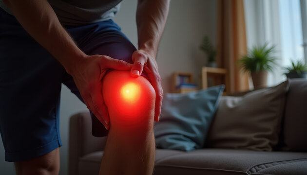 A man holding his knee in discomfort, highlighting the pain associated with Rheumatoid Arthritis Awareness Day, emphasizing the importance of health awareness and support. - Powered by Adobe