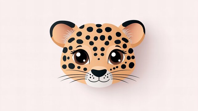Adorable cartoon cheetah face illustration with big eyes and spots on a soft pink background.