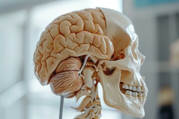 Anatomical model showcasing the human brain, highlighting key structures like cerebellum and brainstem within a partial skull