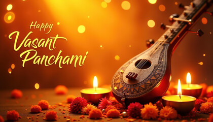 A vibrant banner for Vasant Panchami featuring warm colors, musical instruments, and festive decorations symbolizing celebration and joy.