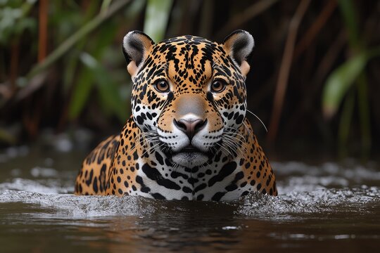 A leopard swims in the water, its fur glistening with droplets of water