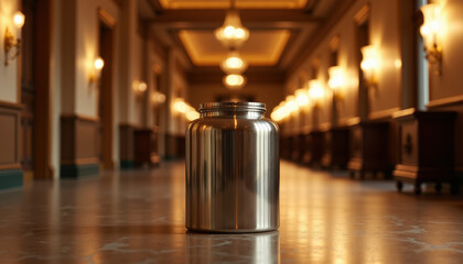 A stainless steel cremation urn showcased in a tranquil setting, symbolizing remembrance and honoring the legacy of the departed.