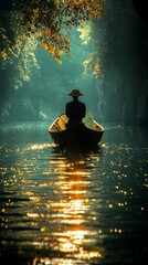 A lone figure in a boat drifts down a peaceful river, surrounded by lush trees and glowing reflections.