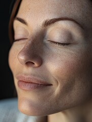 A peaceful close-up of a woman's face with closed eyes, focusing on natural skin texture and freckles.
