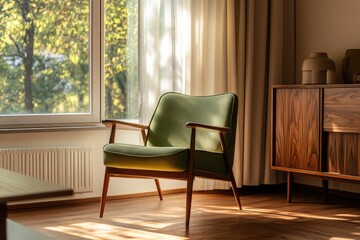 Cozy interior featuring stylish green chair illuminated by natur