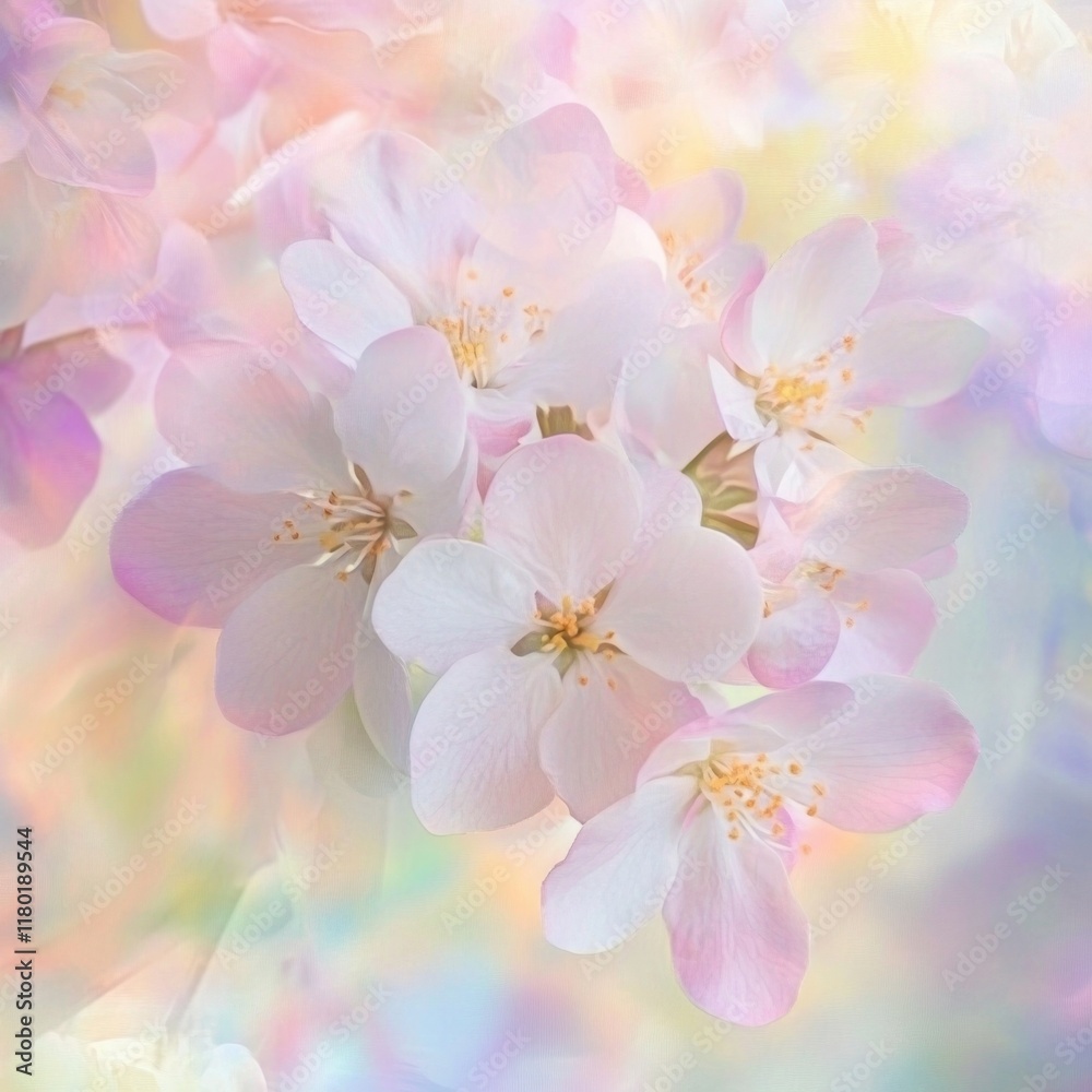Poster a close-up view of a bunch of flowers growing on a tree branch, with green leaves and stems visible