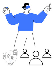 Individual wearing a virtual reality headset gesturing towards digital content. Ideal for technology, innovation, VR usability, teamwork, real estate, remote collaboration, abstract line flat