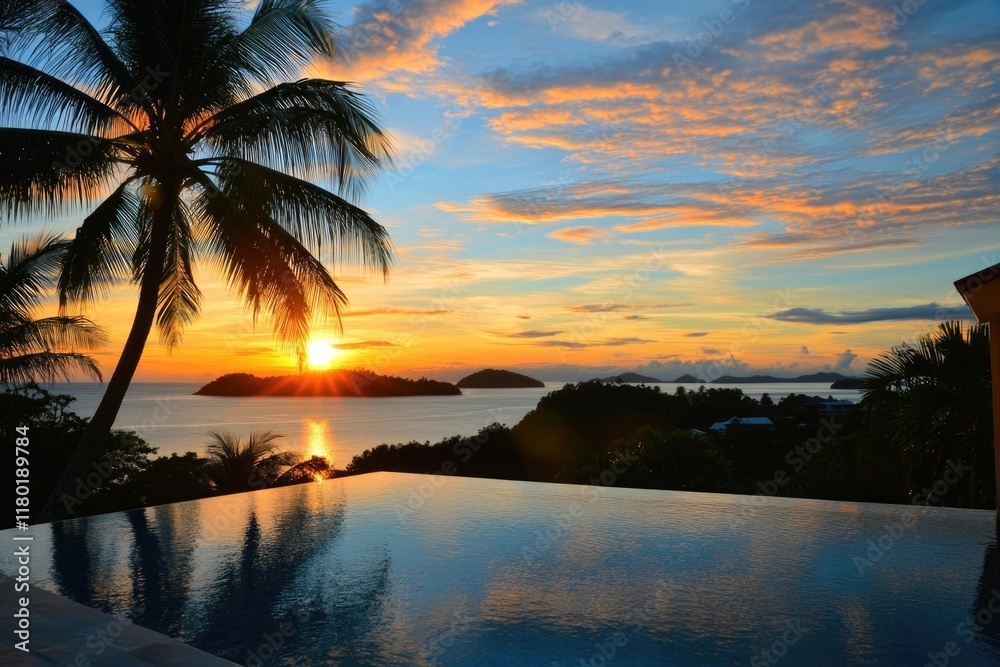 Poster a serene scene of the sunset over a pool surrounded by palm trees