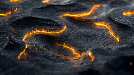 SEO relevance concept. A close-up view of a dark, textured surface with flowing lines and glowing elements, resembling a circuit or abstract landscape