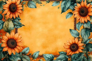 Obraz premium A picture frame with sunflowers and leaves on an orange background