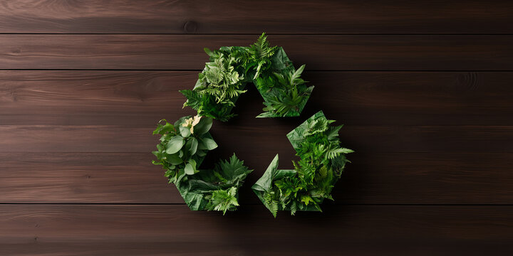 leaves green arrows forming recycling symbol, isolated on dark wooden background, earth day concept for poster