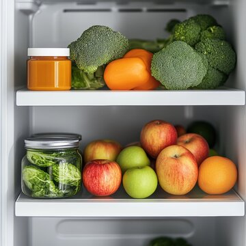 Vibrant and fresh produce including apples, oranges, and broccoli is neatly arranged on two refrigerator shelves, promoting a healthy lifestyle and meal preparation
