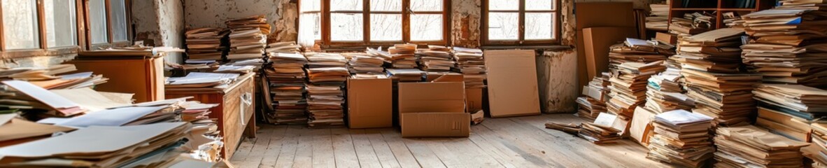 Cluttered office with stacks of papers and cardboard boxes in sunlit room