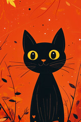 A black cat sitting in a field of leaves