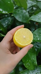 A hand presents a halved lemon showcasing its vibrant yellow interior. The lush greenery surrounds the citrus fruit, highlighting its freshness and natural appeal