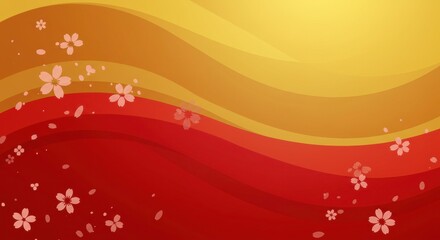 Abstract Waves of Springtime: A vibrant backdrop of red and yellow wavy lines with delicate pink cherry blossoms scattered throughout, evoking a sense of optimism and renewal.