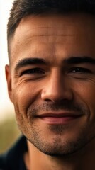 Fototapeta premium A man with a charming smile showcases a relaxed demeanor in a tranquil outdoor setting, with soft natural light enhancing the peaceful ambiance surrounding him