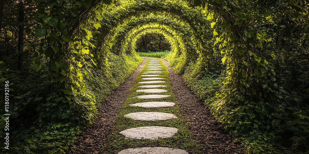 Poster Green archway with stone path through lush foliage in a forest setting