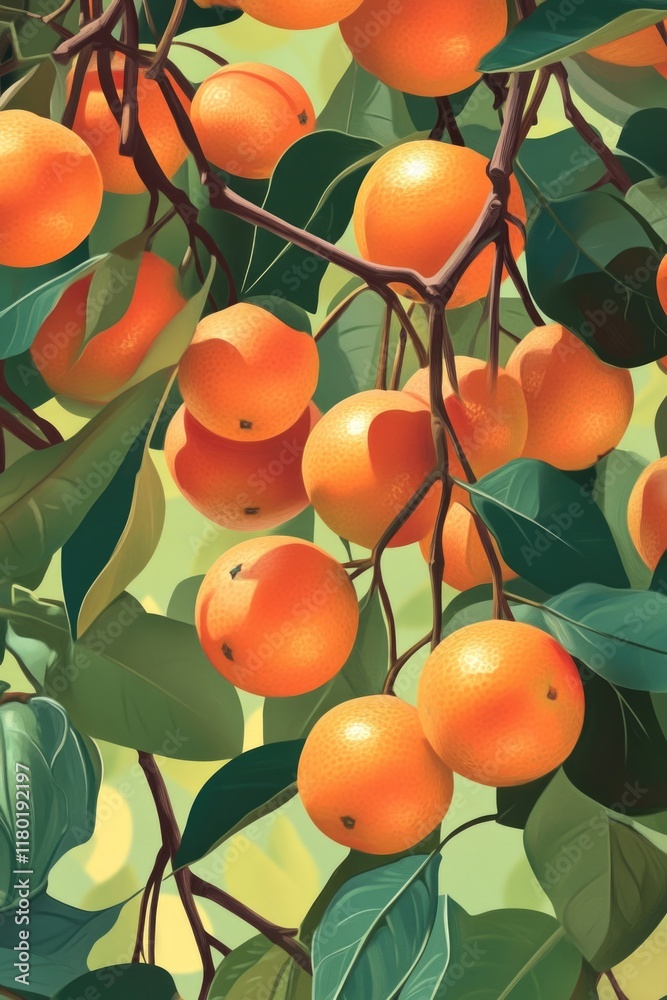 Aufkleber a natural still life image of a group of oranges hanging from tree branches