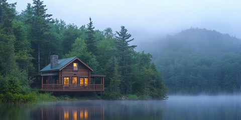 Cozy cabin by the lake surrounded by misty mountains