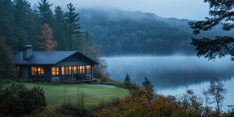 Fototapeta premium Cozy lakeside cabin amid foggy autumn landscape