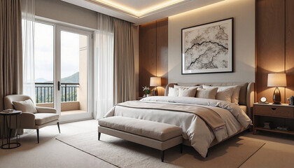Modern bedroom with large window and mountain view