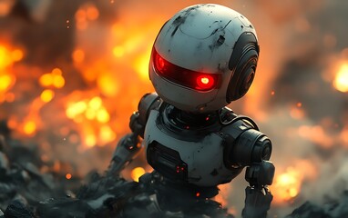 Small robot amidst fiery destruction.