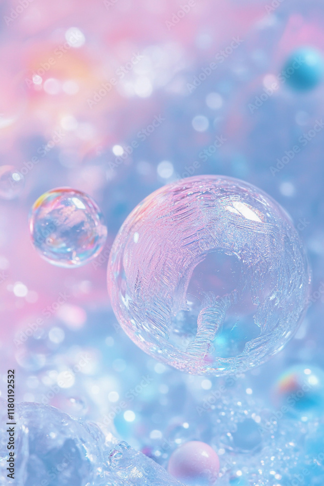 Poster colorful soap bubbles floating in soft pastel background
