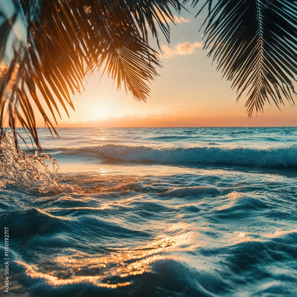 Poster a palm tree standing alone on a beach as the sun sets over the ocean