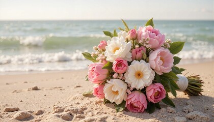 Bouquet of flowers on sandy beach with ocean background