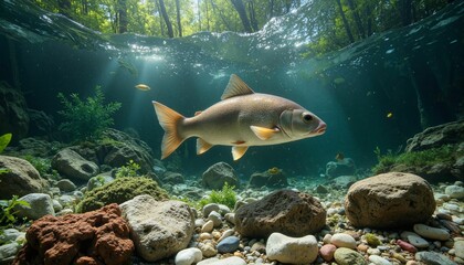 Fototapeta premium Underwater fish swimming among rocks in a serene forest setting