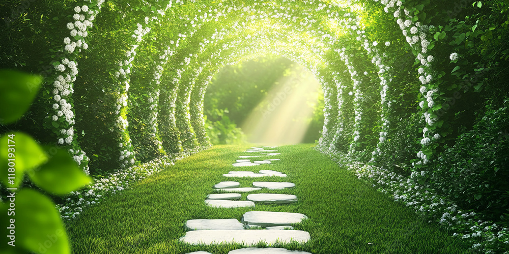 Aufkleber sunlit floral archway with lush greenery and stone pathway in a serene garden