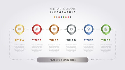 Metal color infographic vector design metallic gradient colorful UI template, elegant business work presentation process diagram workflow step layout banner gold silver bronze steel flow chart graph