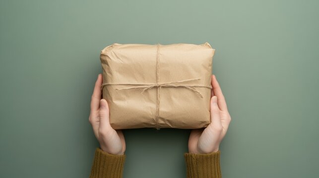 Hands holding wrapped package against green background