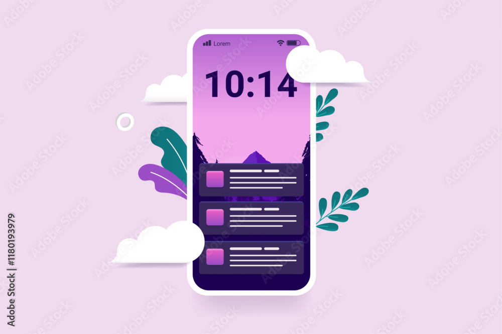 Leinwandbilder Phone notifications on screen - Mobile smartphone with push notifications or messages showing on display. Front view semi flat design vector illustration