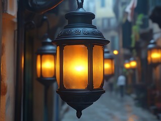 Illuminated street lamps in a foggy alley.