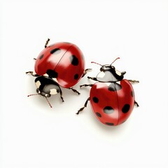 Two ladybugs sit on top of each other on a white surface