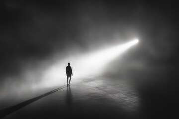 Man walks towards the light in dark empty space. Light at the end of the tunnel concept                   