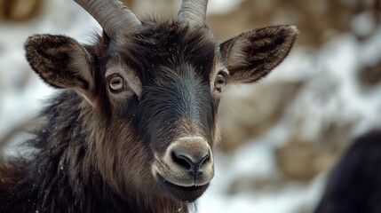 Obraz premium Close-up shot of a goat's face with impressive long horns