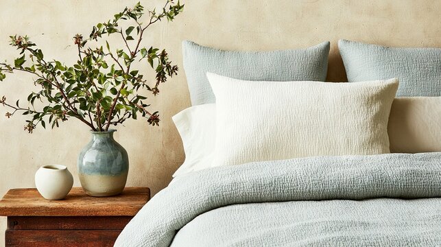   A vase with a plant sits on a table next to a blue and white bedcover