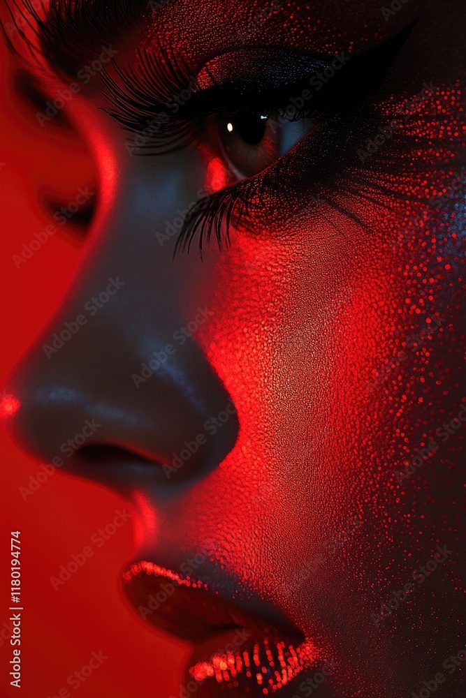 Poster a close-up shot of a woman's face illuminated by red light, suitable for use in mystery or thriller 