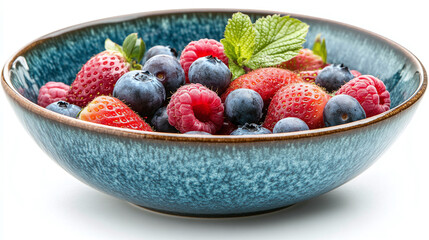 Closeup of blue ceramic bowl with strawberry, blueberry and raspberry organic fresh healthy fruits mix full of vitamins, object isolated on white background. delicious summer snack.