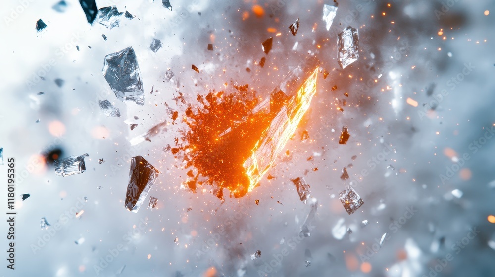 Poster 3d rendered scene of hmpv particles surrounded by shattered glass with dramatic lighting and motion 