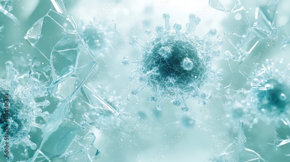 Poster 3D rendered scene of hmpv particles surrounded by shattered glass with dramatic lighting and motion blur for highimpact effect