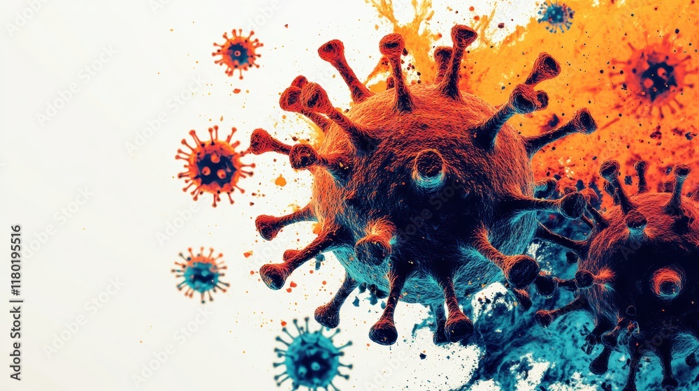 Poster design with the slogan Flatten the Curve surrounded by stylized colorful depiction of Human metapneumovirus Virus hmpv particles